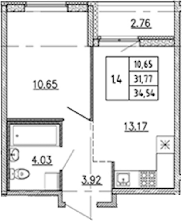 1-комнатная квартира 31.77 м², 6/22 эт., ЖК «Новые горизонты 2»